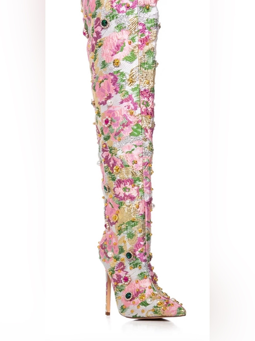 Azalea Wang Embellished Pink Floral Thigh-High Boots - New Without Box